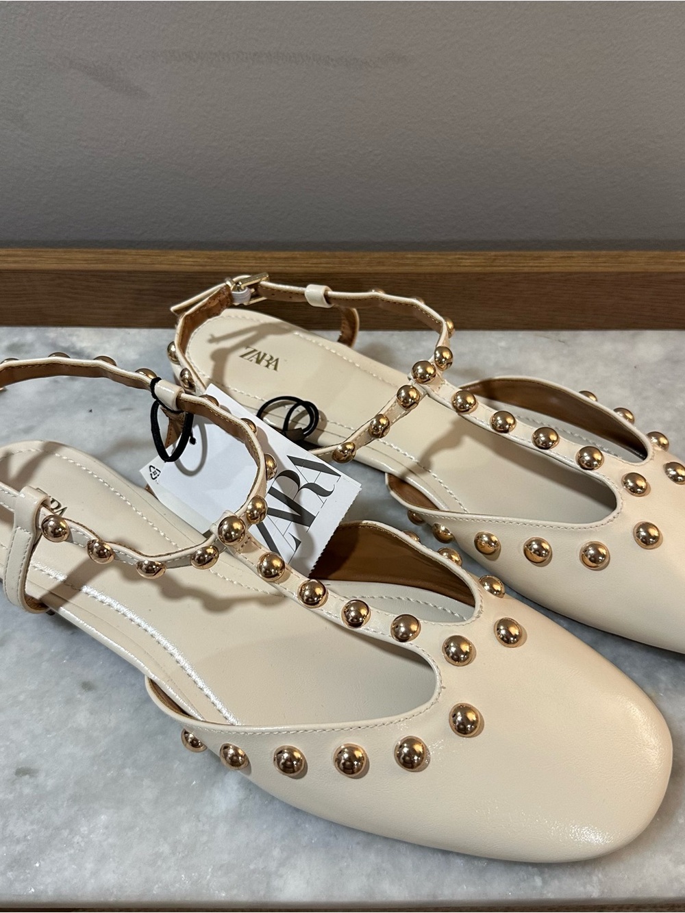 ZARA Cream Ballet Flats with Gold Stud Detailing